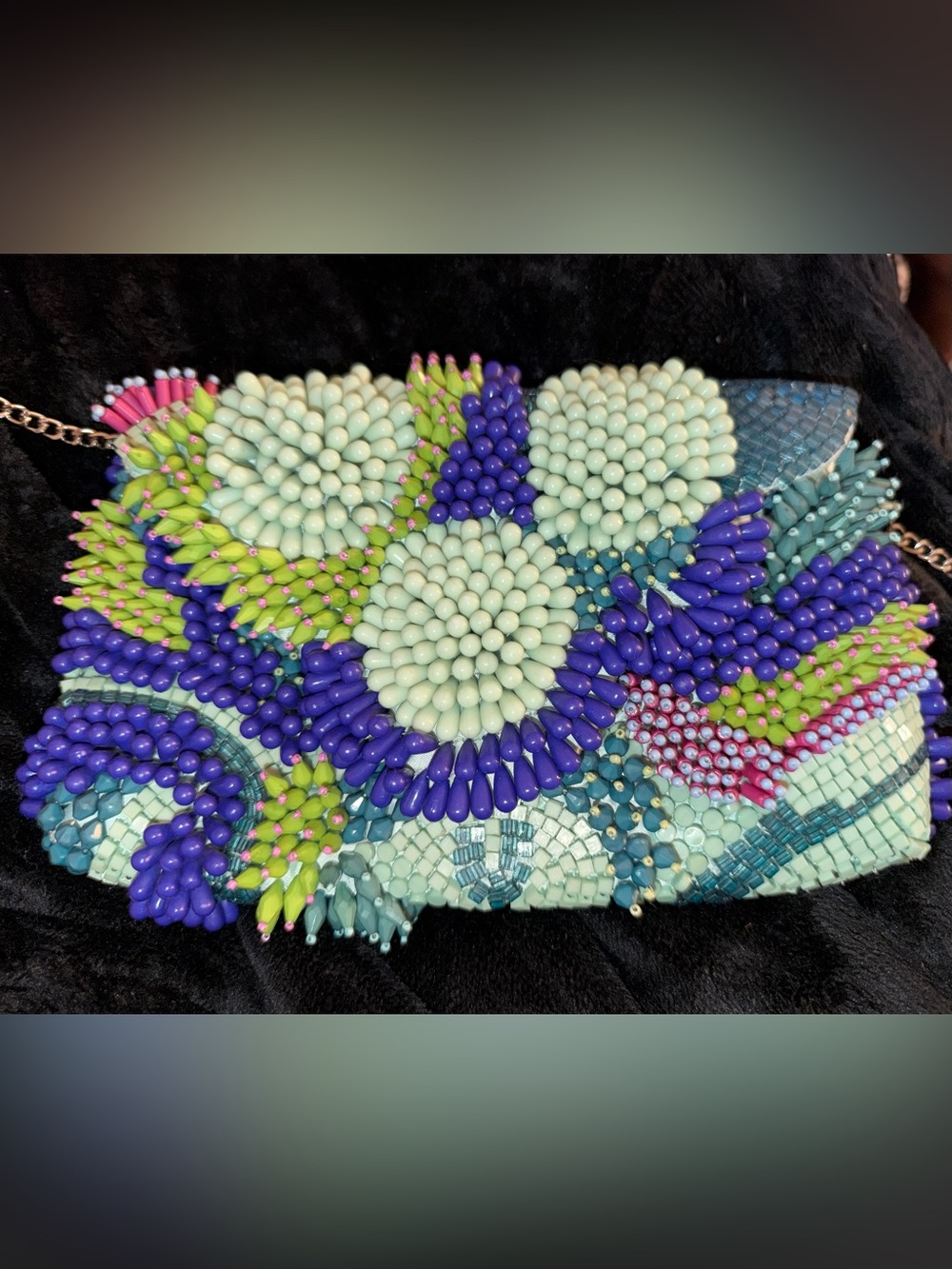 Beaded Botanical Evening Clutch in Mint, Purple & Green - Picture 5 of 5
